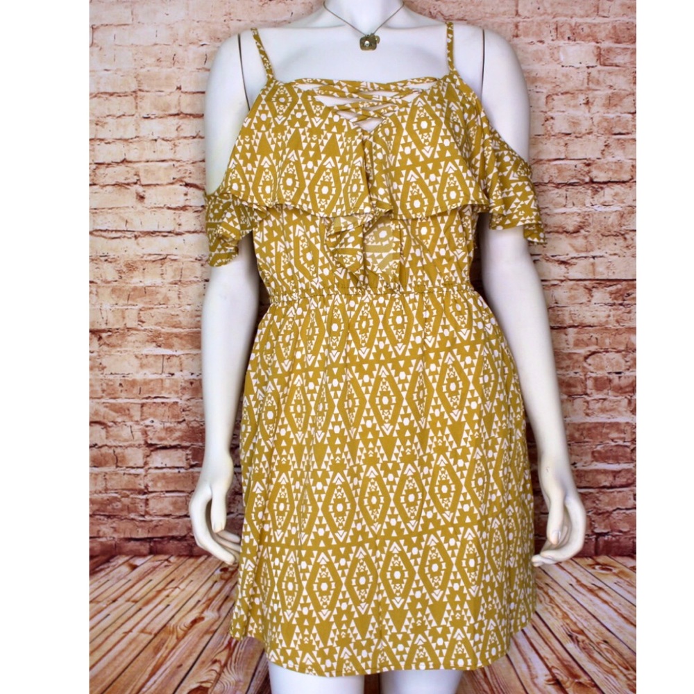 Indulge Cold Shoulder Patterned Ruffle Mini Dress - Picture 2 of 7